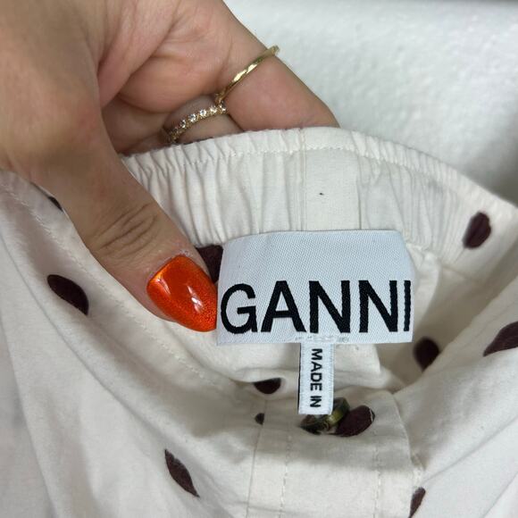 Ganni Polka Dot Printed Cotton Poplin Square Neck Top White Brown Sz 6 - Picture 7 of 9